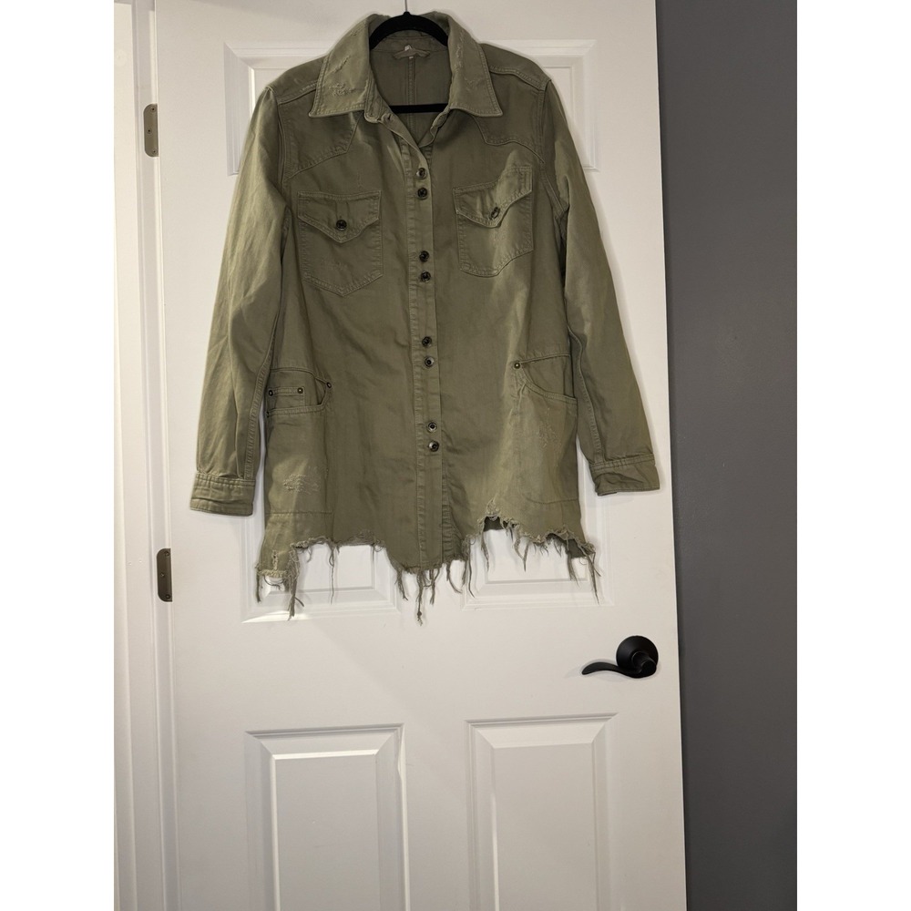 Free People Moon Child Denim Shirt Jacket Distressed Large Green